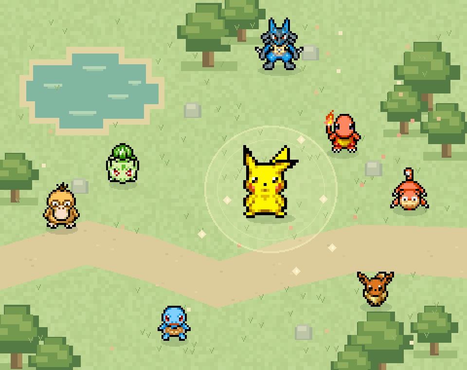 Original pixel-field illustration featuring Pikachu, Charmander, Squirtle and other Pokémon; not a gameplay screenshot